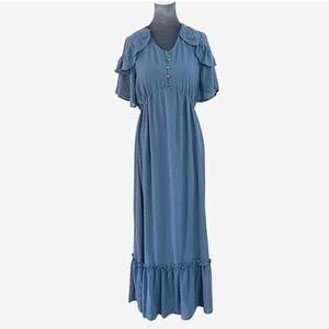 Cottagecore Boho Romantic Blue Swiss Dot Maxi Dress Flutter Sleeve Ruffle Hem S